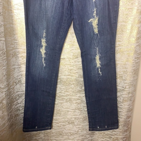 VINTAGE🧚‍♀️Y2K Medium Wash Distressed Bejewelled Straight Leg Jeans Size 13 - Picture 4 of 12